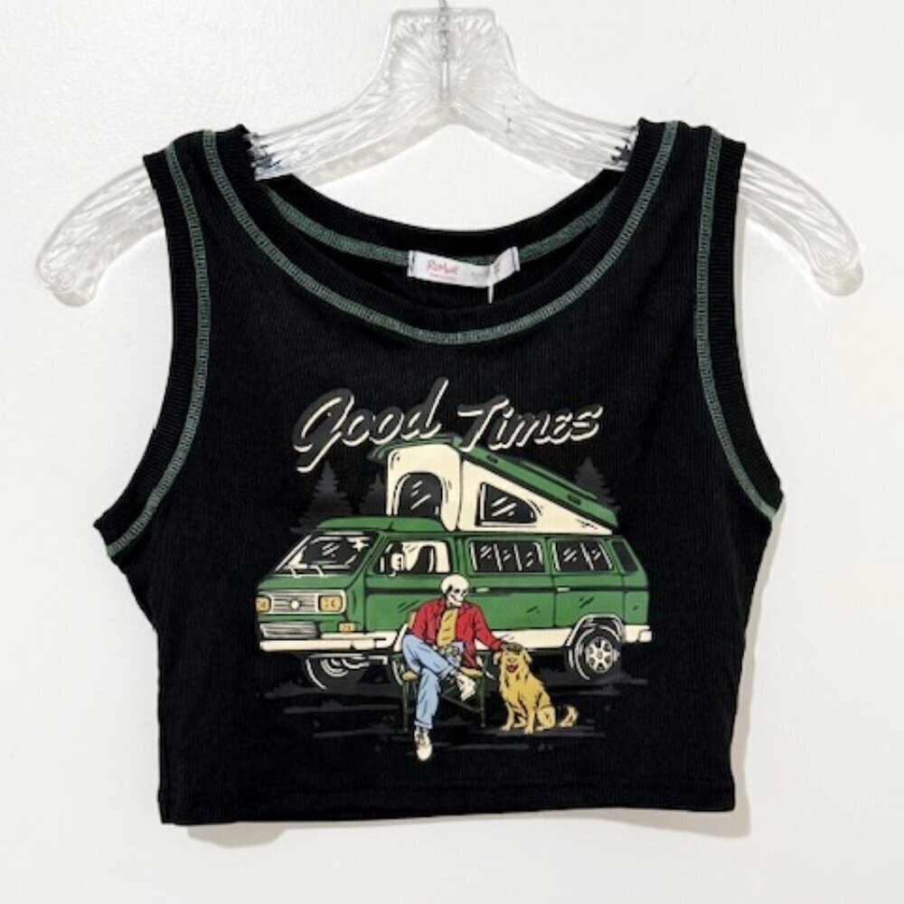 Romwe Crop Tank Top Black Ribbed Good Times Skeleton Camping w/ Dog Size M